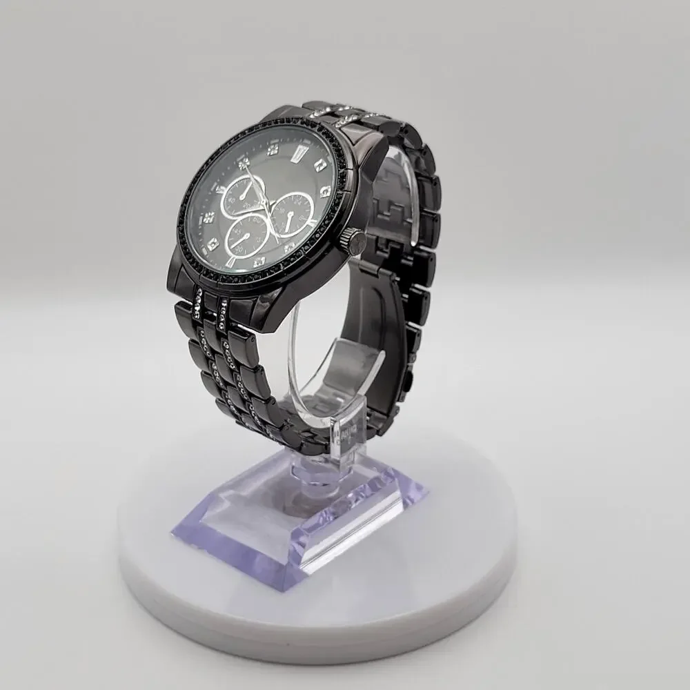 Mens Gunmetal Black Crystal Chronograph Style Quartz Watch Paved Bezel Bracelet